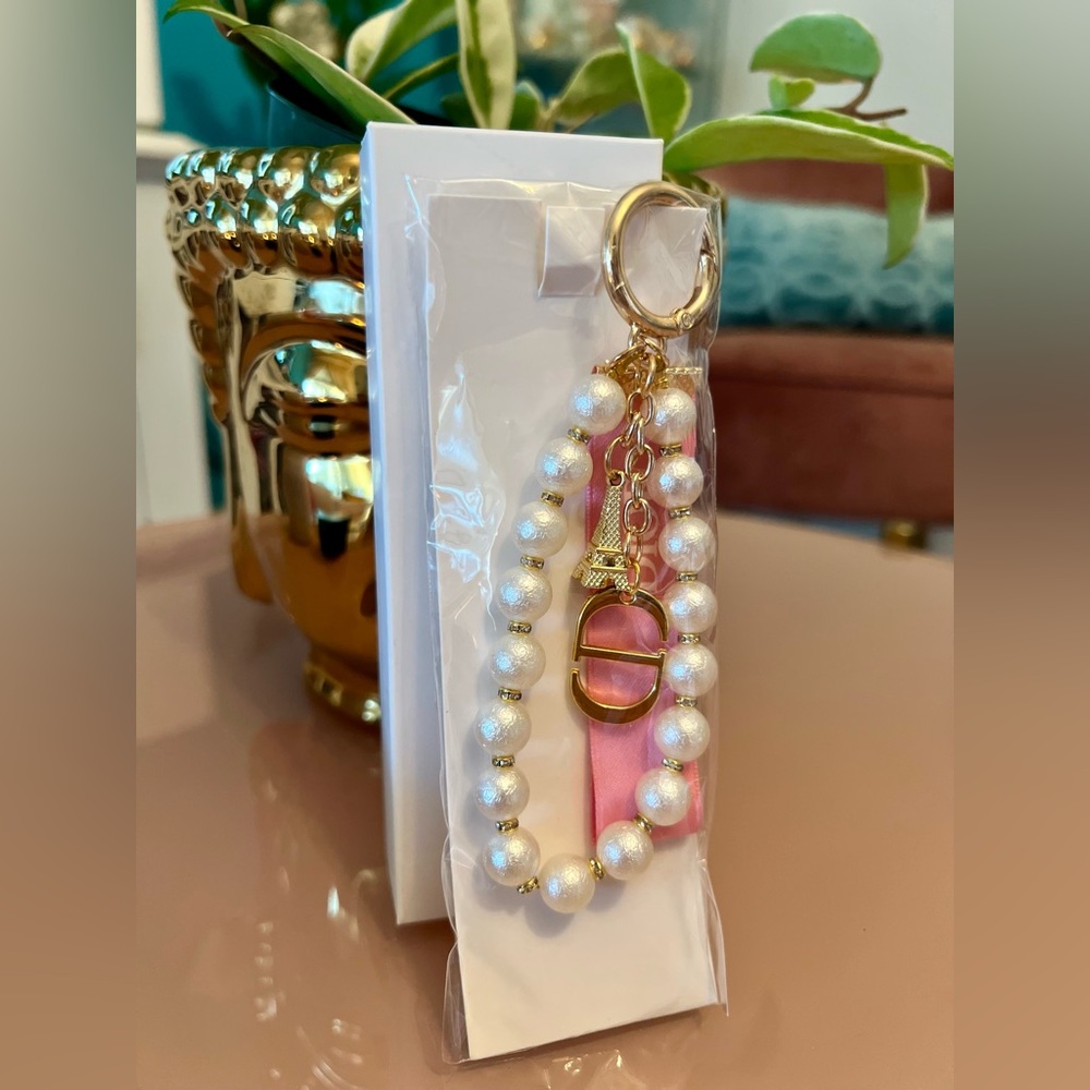 Dior Pink Ribbon Pearl Bead Key & Card Holder with Gold Hardware
